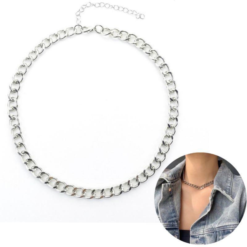 Kalung Choker Retro Rantai Pipih Medium Alumunium Anti Karat Edgy Style Punk Hip Hop