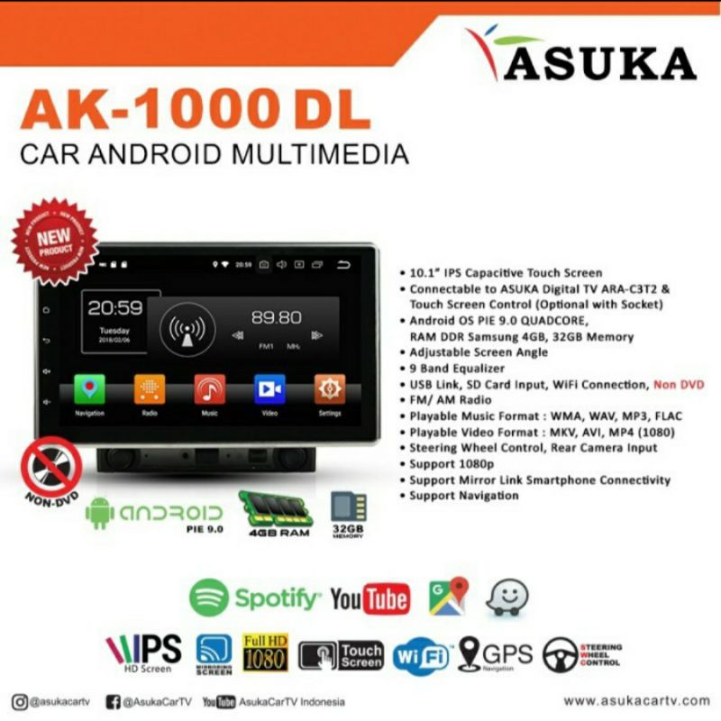 Head Unit Android 10 inch Asuka AK-1000 DL ( Non DVD )