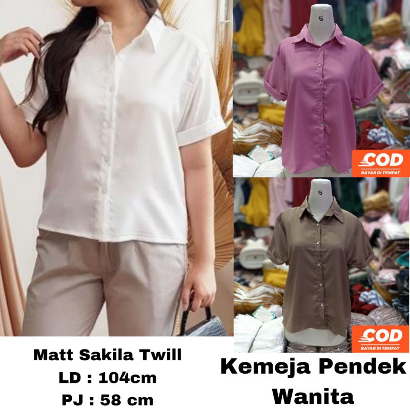 Kemeja Wanita Polos Casual Atasan Blouse Basic Putih Hitam Lengan Pendek Kekinian  Shakila Twill