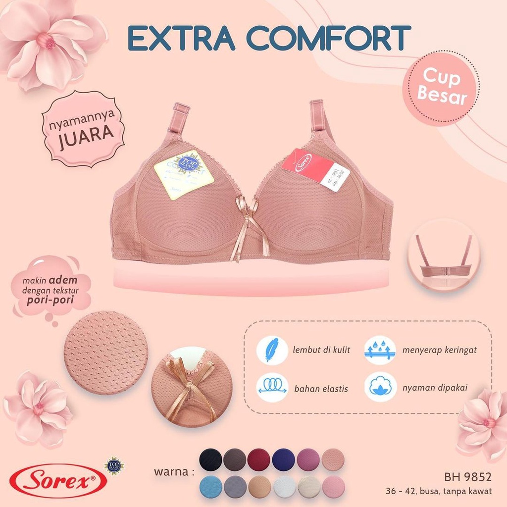 Sorex Bra BH Tanpa Kawat Busa Tipis  Kait 2 Extra Comfort / BH Sorex 9852 / BH Sorex 11115