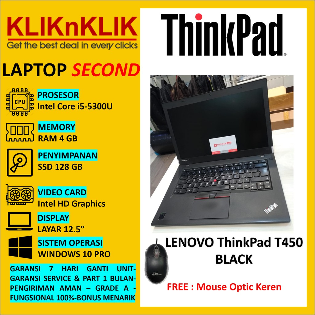 Laptop LENOVO THINKPAD T450 - i5-5300U - RAM 4GB - 128GB SSD SECOND