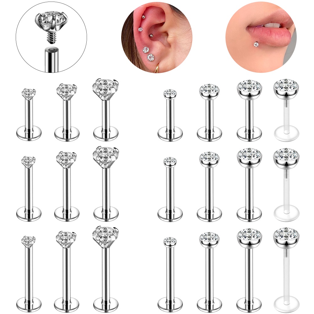 1pc Anting Tindik Bibir Bahan Stainless Steel Hias Kristal Zircon Bulat