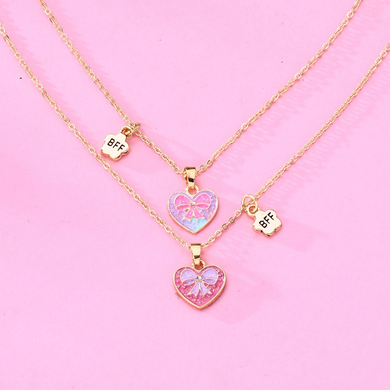 2pcs / Set Kalung Rantai Dengan Liontin Butterfly Hati Warna Pink Biru Untuk Hadiah Persahabatan