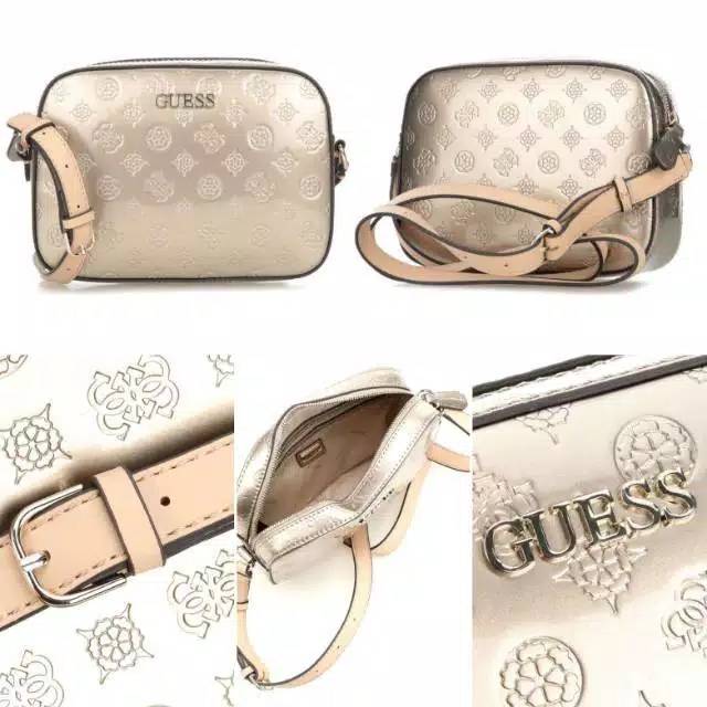 Guess kamryn emboss sling bag tas selempang emboss logo black, silver, gold