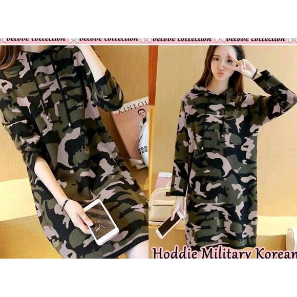 ready dua warna dress wanita baju dres perempuan fashion cewek cantik loreng army hoodie
