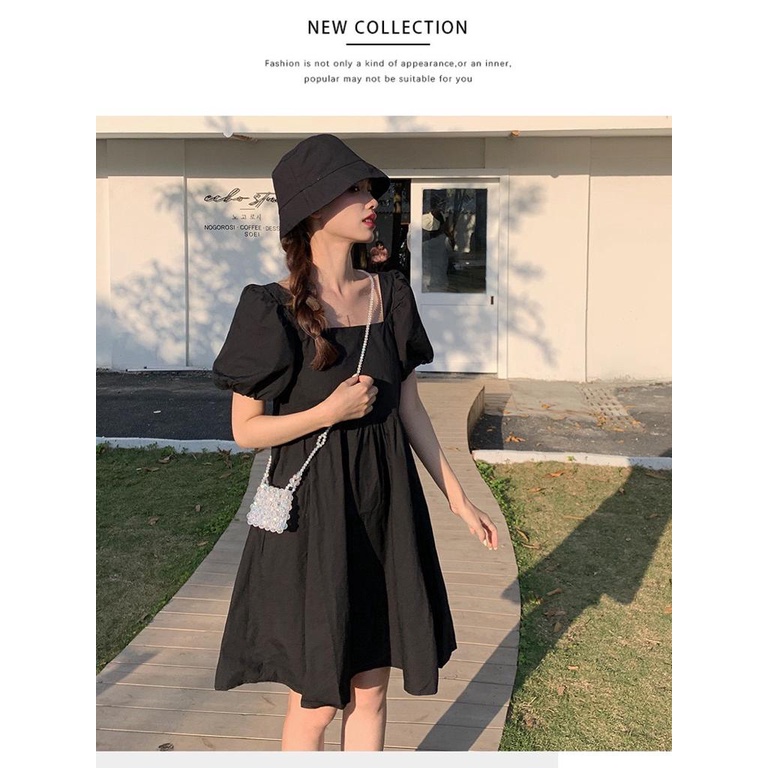 [littlecrab] Dress Square Neck Lengan Balon Simple Polos Orange Hitam Dress Bahan Berkualitas Lembut Elegan Dress Pendek Korean Style Simply Aesthetic