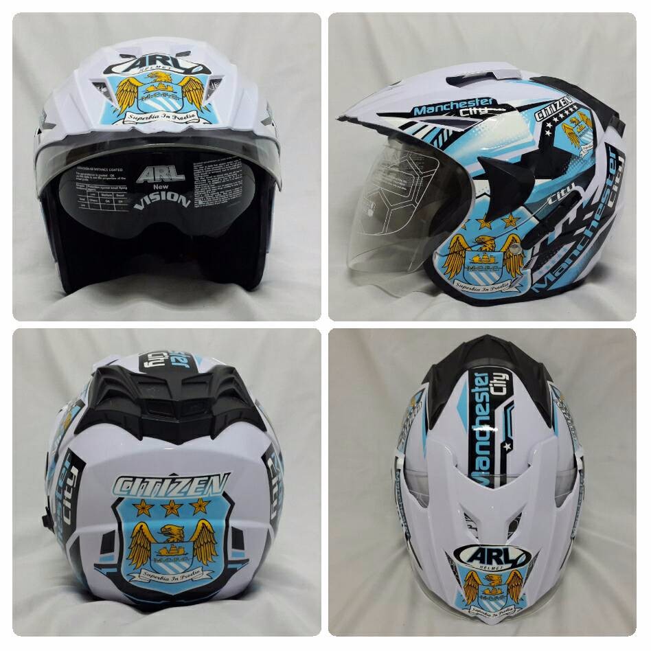 Helm ARL Club Bola Half Face Double Visor Manchester City Putih.