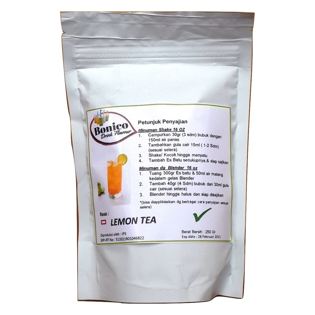 

BONICO LEMON TEA powder 250gr tepung serbuk Bubuk minuman rasa kekinian instan Teh LEMON powder ice blend milk shake grosir distributor produsen