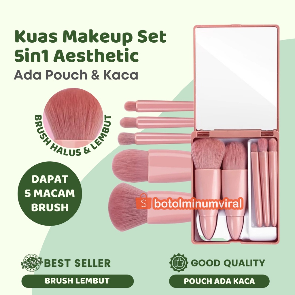 Kuas Rias Makeup Set 5in1 Premium Brush Lembut Desain Kekinian Ada Kaca PREMIUM