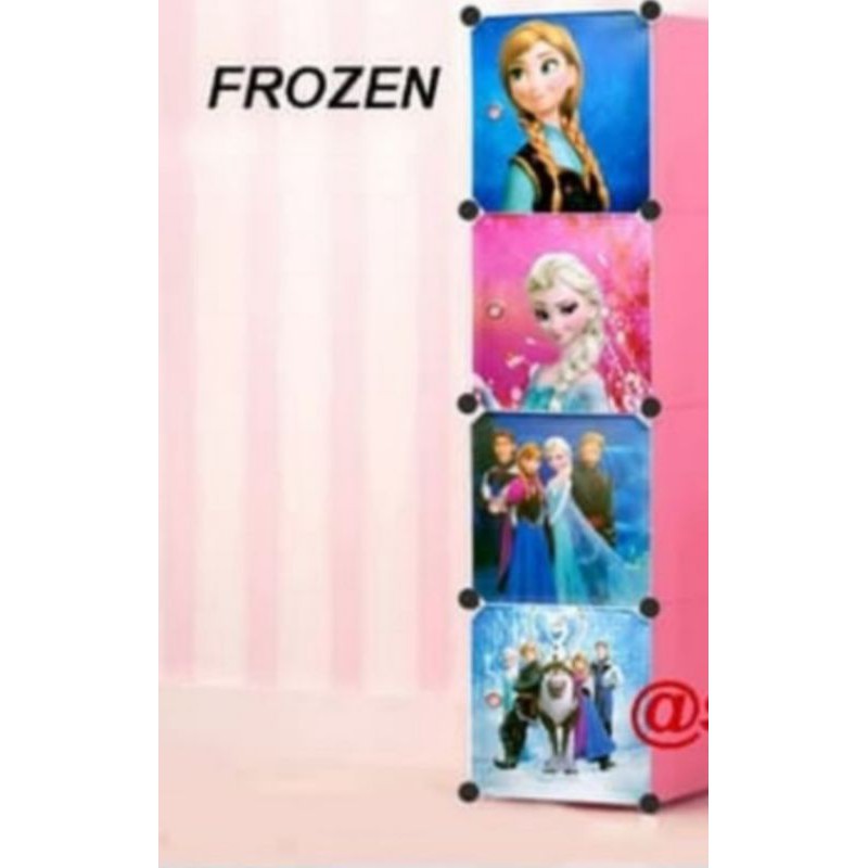 Rak Lemari Plastik 4 Susun Pintu Pakaian Baju Frozen Hello Kitty