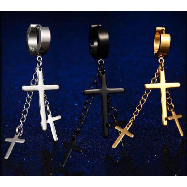 ANTING PRIA WANITA TUSUK GANTUNGAN 3 SALIB KOMBINASI RANTAI STAINLESS STEEL PUNK KPOP KOREA