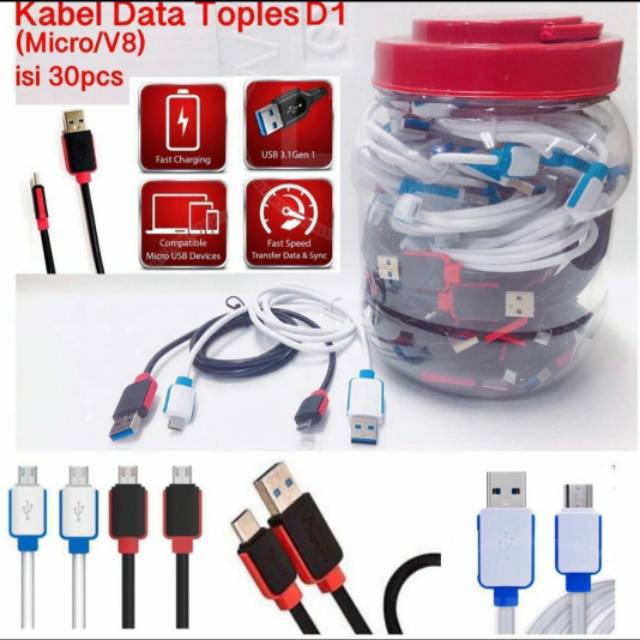 COD kabel data micro termurah 1 toples isi 30 kabel panjang 100cm