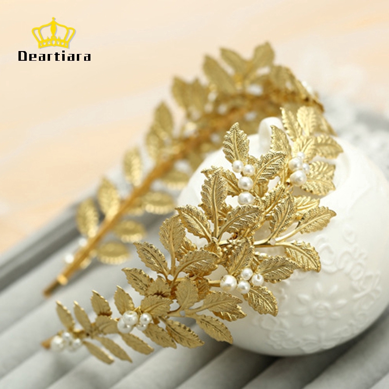 Tiara /Daun Bahan Metal Warna Emas Hias Mutiara Imitasi untuk Wanita