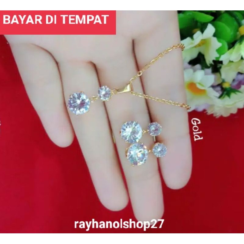 SET PERHIASAN WANITA TITANIUM MOTIF BATU PERMATA