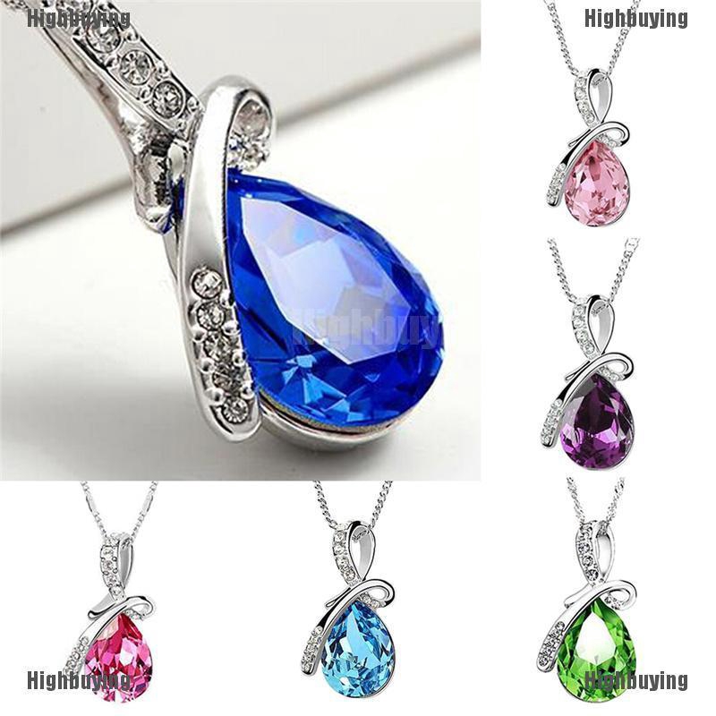 Kalung Rantai Lapis Rhodium Dengan Liontin Kristal Biru Bentuk Tetesan Air Untuk Wanita