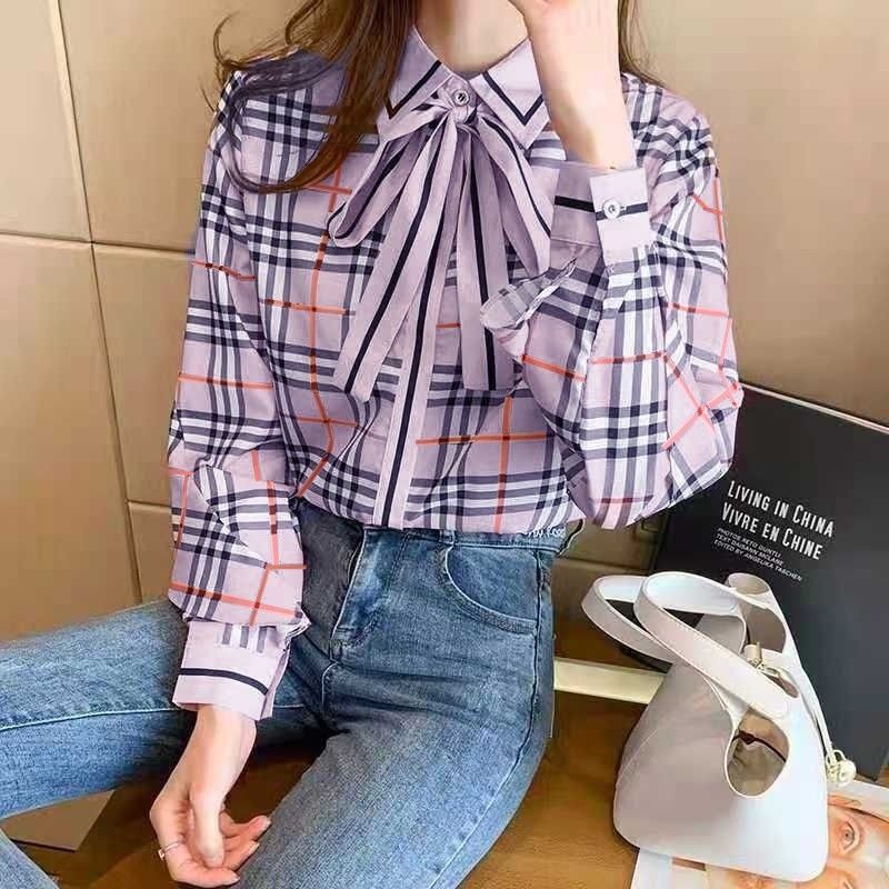 MDLV 8011 BB CHECK DETACHABLE TIE NECK SHIRT KEMEJA KOTAK KEMEJA KOREA KEMEJA PREMIUM FASHION IMPORT