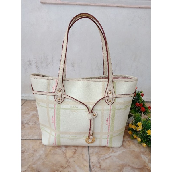 CARLO RINO TOTE BAG PUTIH FULL KULIT,  PVC, PRELOVED CARLO RINO,  PRELOVED TOTE KULIT