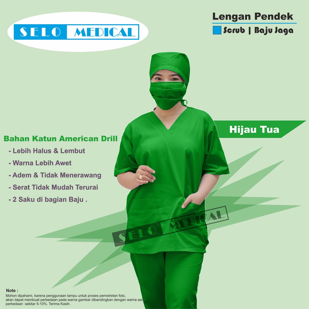 Baju Oka Lengan Pendek hijau / Baju Perawat / Baju Dokter / Baju Jaga ( 1 stel celana, baju, masker)