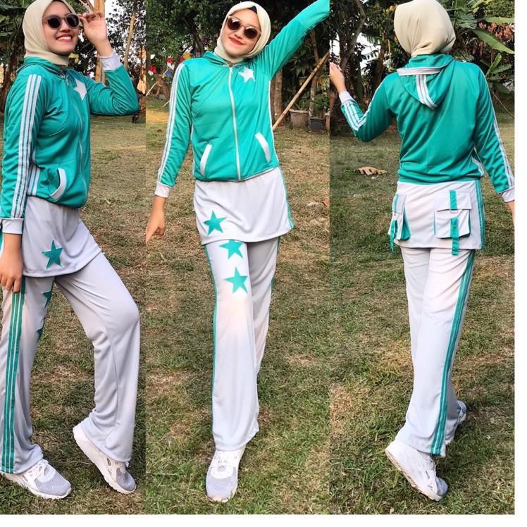 WPR Setelan senam olahraga muslim rok baju senam olahraga tosca abu rok / baju senam muslim hijab ro