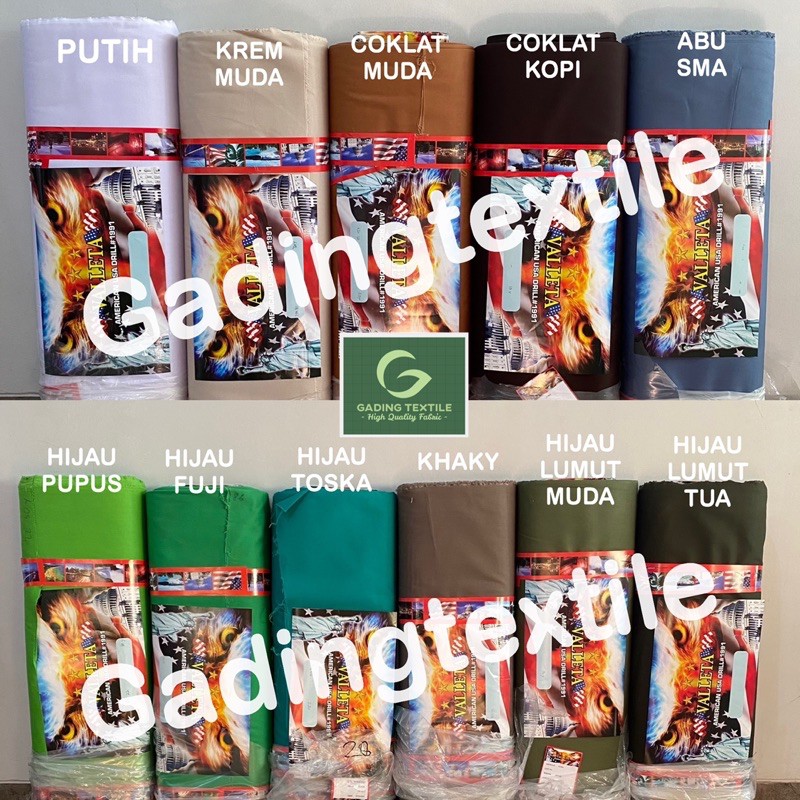 ( per 1 roll ) kain twill seragam AMERICAN DRILL TR20S VALLETA lebar 150 cm bahan celana kargo chino rok baju pakaian seragam sekolah kerja dinas PDH PDL perawat suster dokter almamater safari blouse blazer background tirai hordeng gorden taplak meja