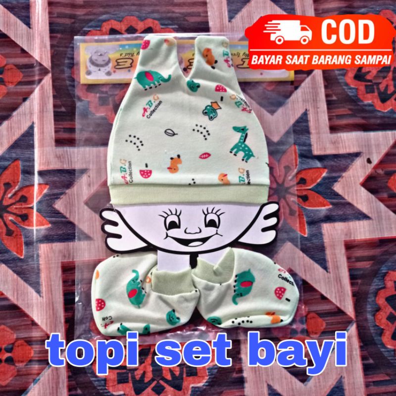 satu set topi sarung tangan kaki  dan slaber/celemek/oto bayi newborn motif animal lucu