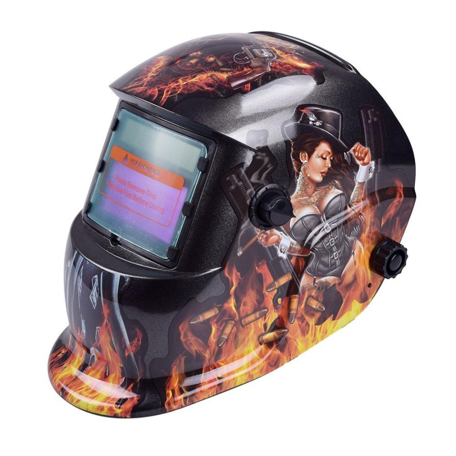 Helm Las Otomatis Auto Darkening Welding Helmet Motif Gun Fire HW-013 - Black/Orange