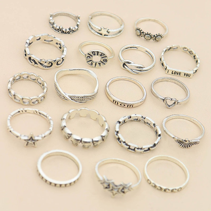 18pcs / set Cincin Sendi Jari Aneka Bentuk Warna Silver