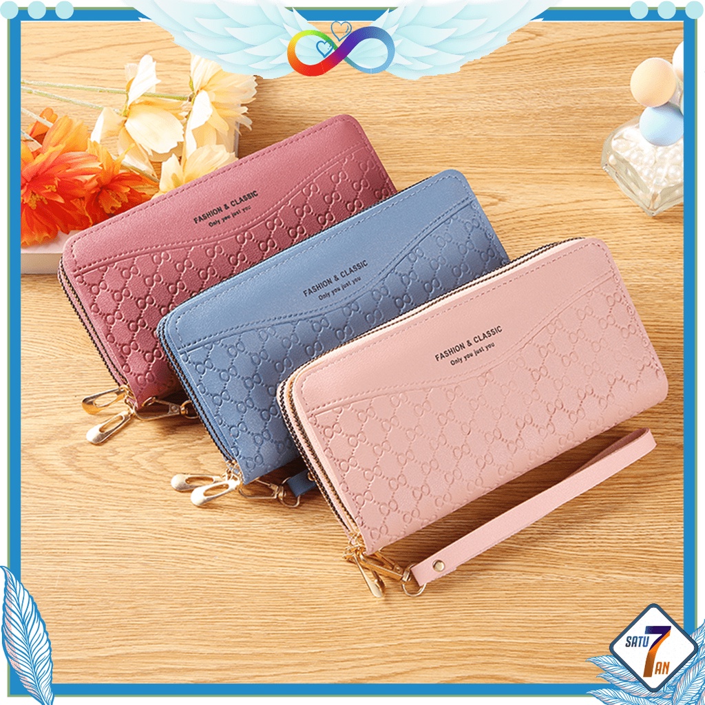 Satu7an D56 Dompet Panjang Wanita Zipper Fashion Korea Stylish Simple Dompet Tali Pendek Clutch Cewek 2 Resleting PU