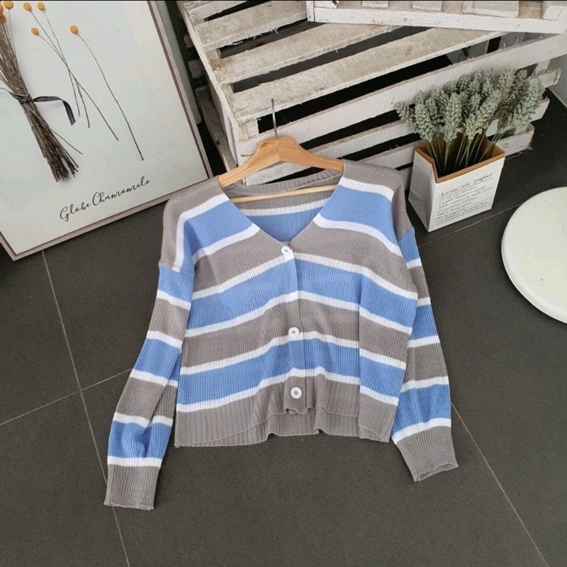 (COD) KOREAN CARDY CROP RAJUT KNITED/ CARDIGAN RAJUT MURAH/ CARDIGAN CROP RAJUT-Blue
