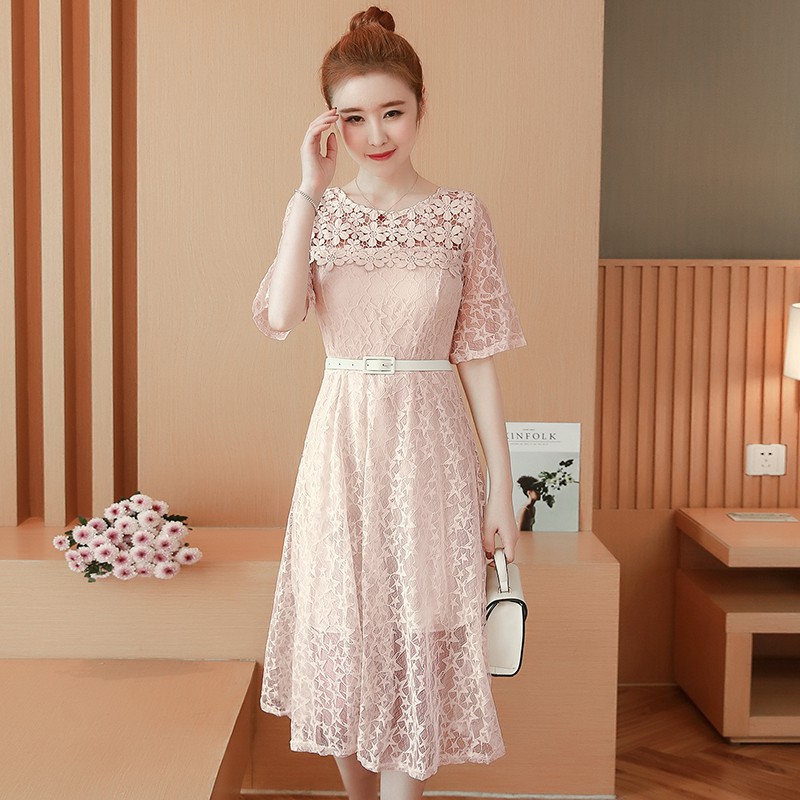 \u2764Dress Midi Model A-Line Slim Lengan Horn Bahan Lace Gaya Korea untuk Wanita