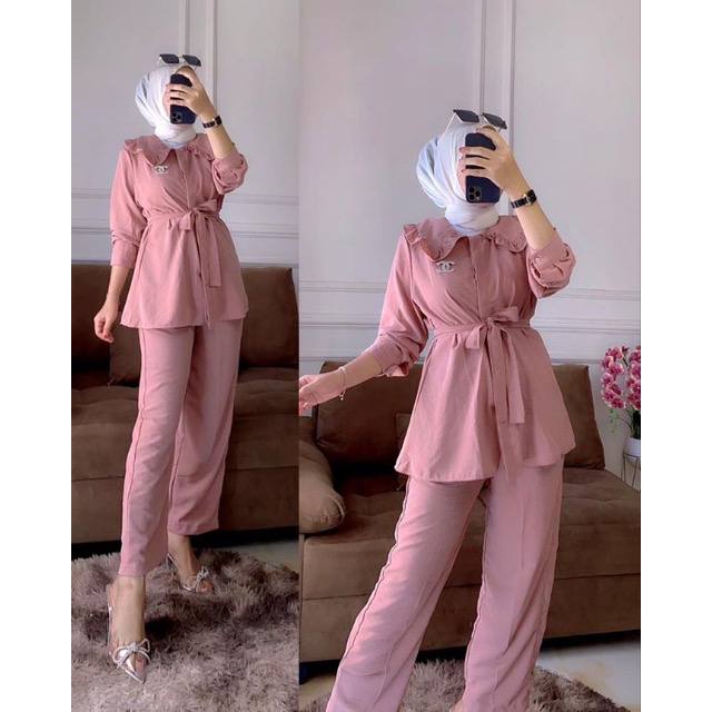 Denada Set - One Set Wanita Kekinian Kemeja Crinkle Airflow Setelan Wanita Celana Kulot LD 110 cm
