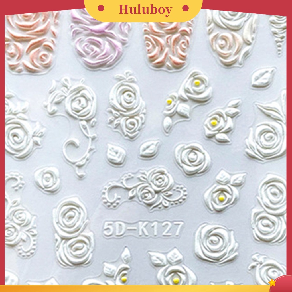 Huluboy Huluboy♡ Stiker Kuku Desain Bunga Timbul 5D Warna Putih Untuk Manicure