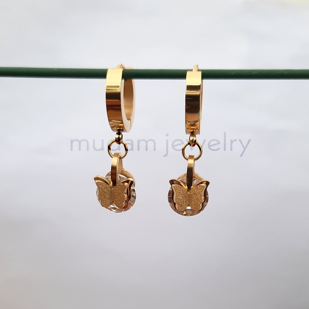 Anting Titanium Kupu-Kupu Diamond Juntai Untuk Wanita Fashion Warna Rose Gold, Gold dan Silver