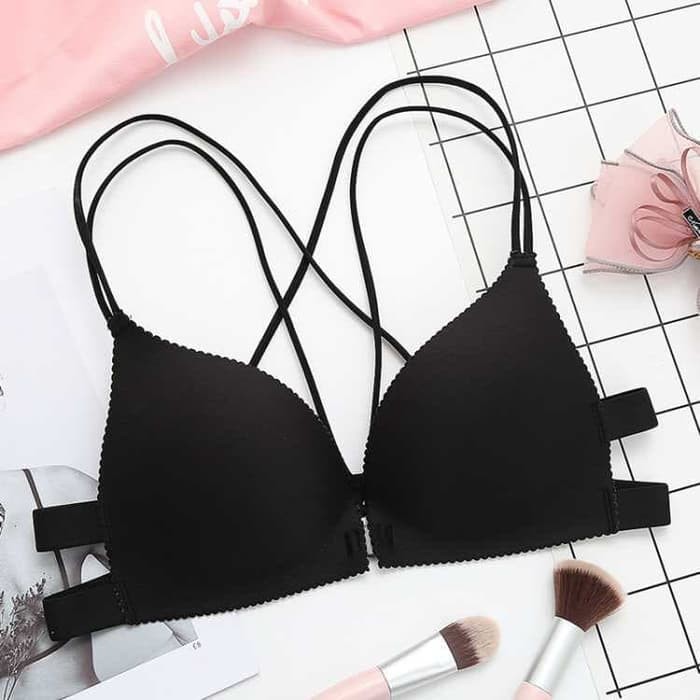 CD Wanita Bra Seamless sexy Tali Tali Belakang Saling Silang Cup Busa Tanpa Kawa - Hitam Murah