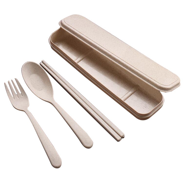 HOVELSHOP Set Sendok Jerami Gandum Garpu Sumpit Travel Set Alat Makan Bahan Wheat Travel Cutlery