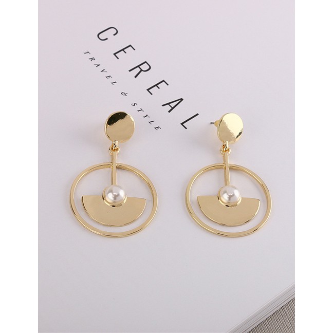 LRC Anting Tusuk Fashion Gold Pearl Geometric Metal Circle Cutout Fan Earrings F69846