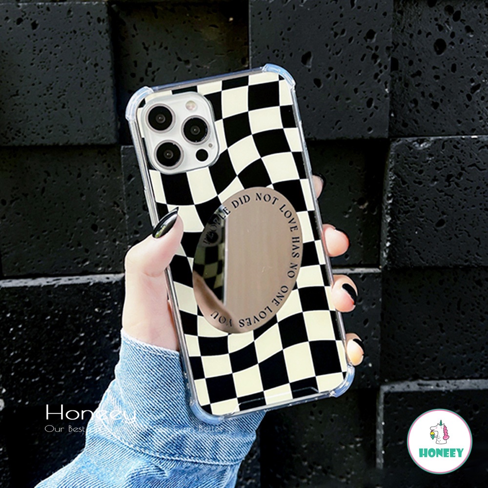 Ins Checkerboard Spin Make Up Mirror Phone Case compatible for IPhone 14 13 12 11 Pro Max X Xs Max XR 8 7 Plus Shockproof Transparent Soft TPU Back Cover