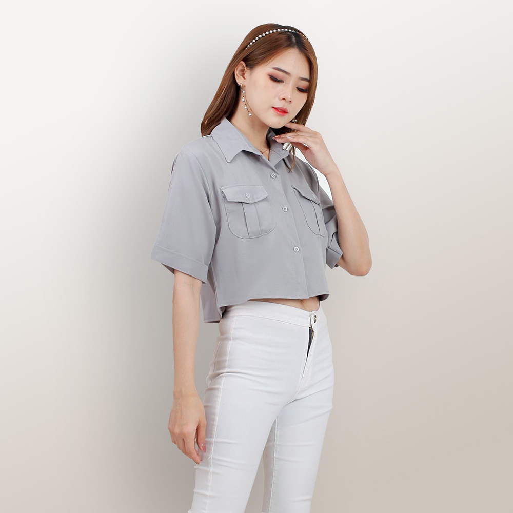 Kemeja cropped lengan pendek wanita gaya Korea variasi kantong warna model terbaru  - XSHOP Lihua