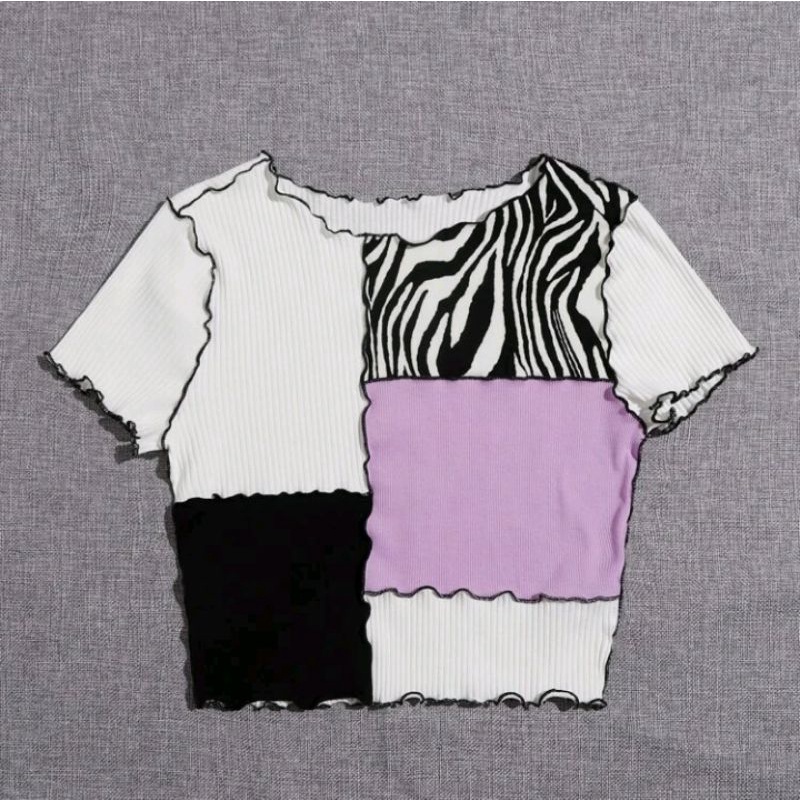 SHEIN Zebra Striped Print Seam Front Colorblock Tee