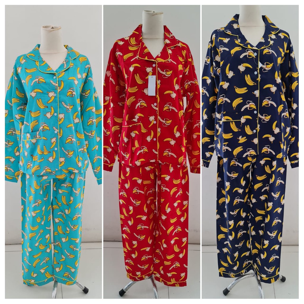 GOPIYAMA BAJU TIDUR PIYAMA DEWASA WANITA LENGAN PANJANG KATUN MOTIF BANANA