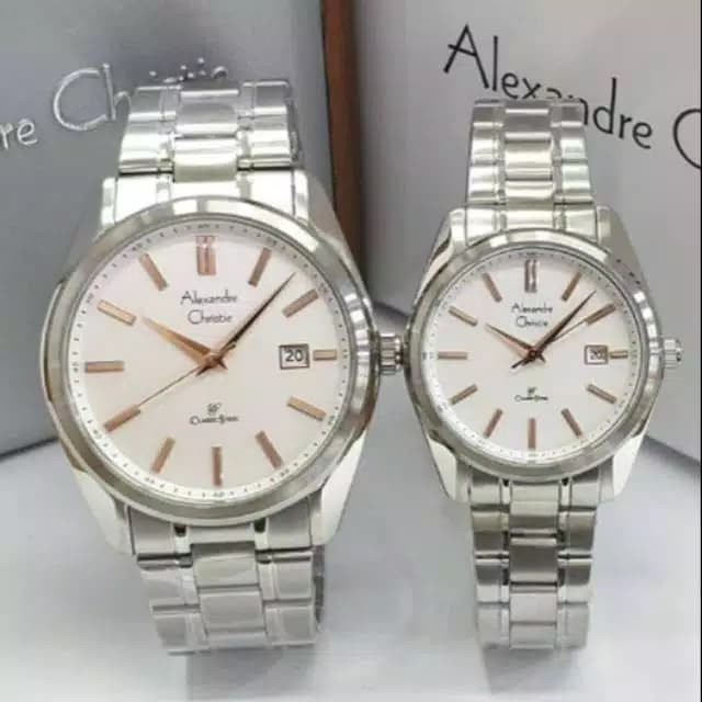 Jam tangan couple Alexandre Christie AC 8514 AC8514 silver jarum rg Original