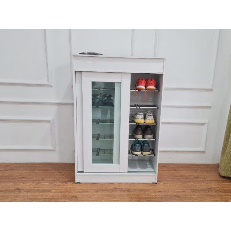Rak Sepatu Kayu Sliding Kaca Modern Minimalis