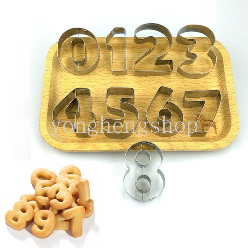 9 Pcs / set Cetakan Kue / Biskuit / Buah Bentuk Angka 3D Bahan Stainless Steel Untuk Dekorasi