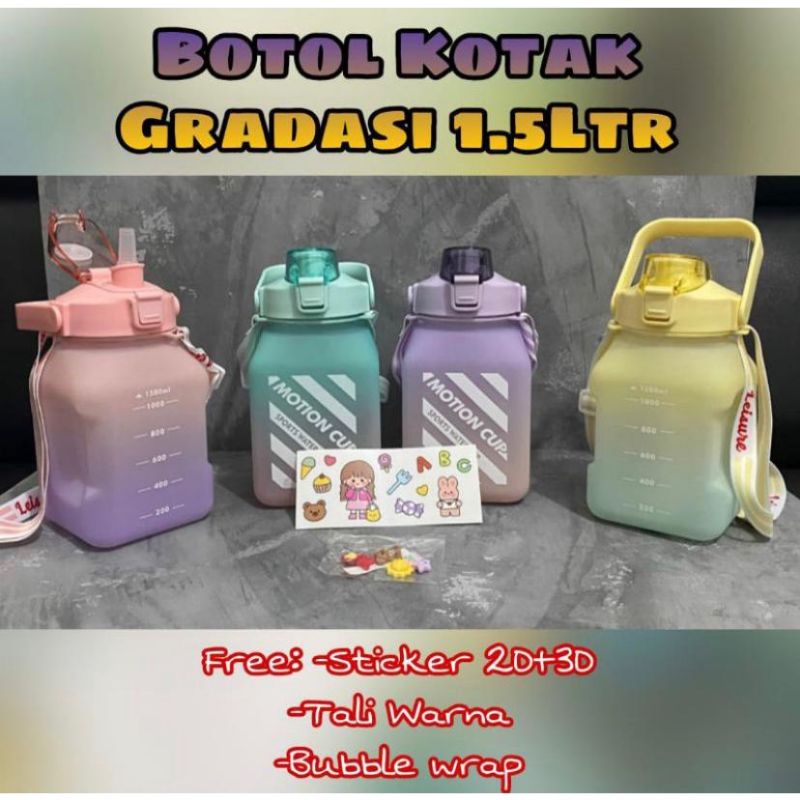 Botol Air Minum Viral Gradasi Gemes Kotak 1500 Ml / Botol Pelangi Rainbow Free Sticker Dan Tali Packing Xtra Aman