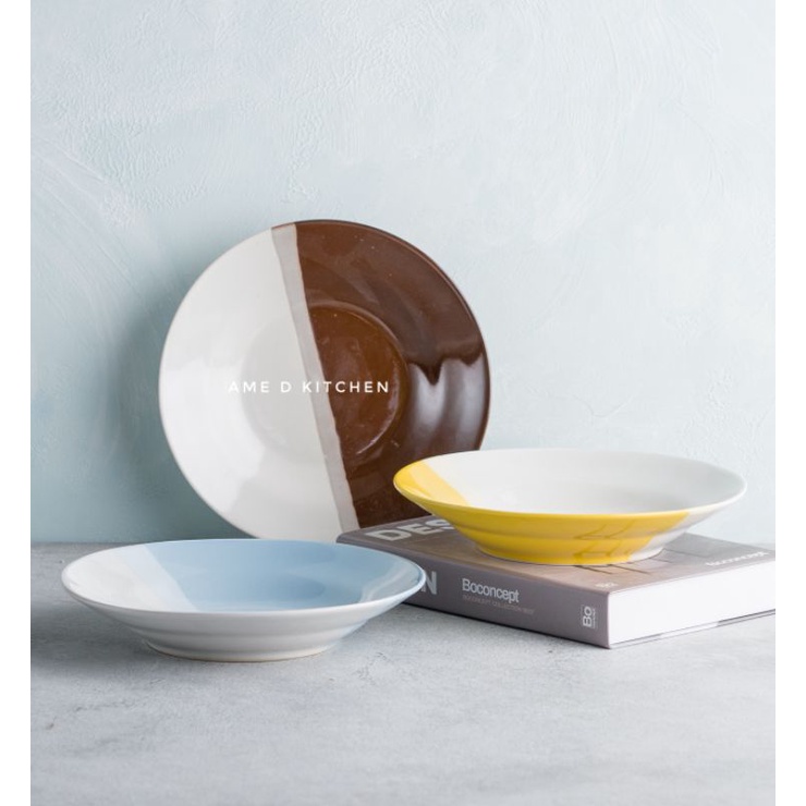 Piring makan bijian keramik 8" two tone 2 warna coklat/biru/pink