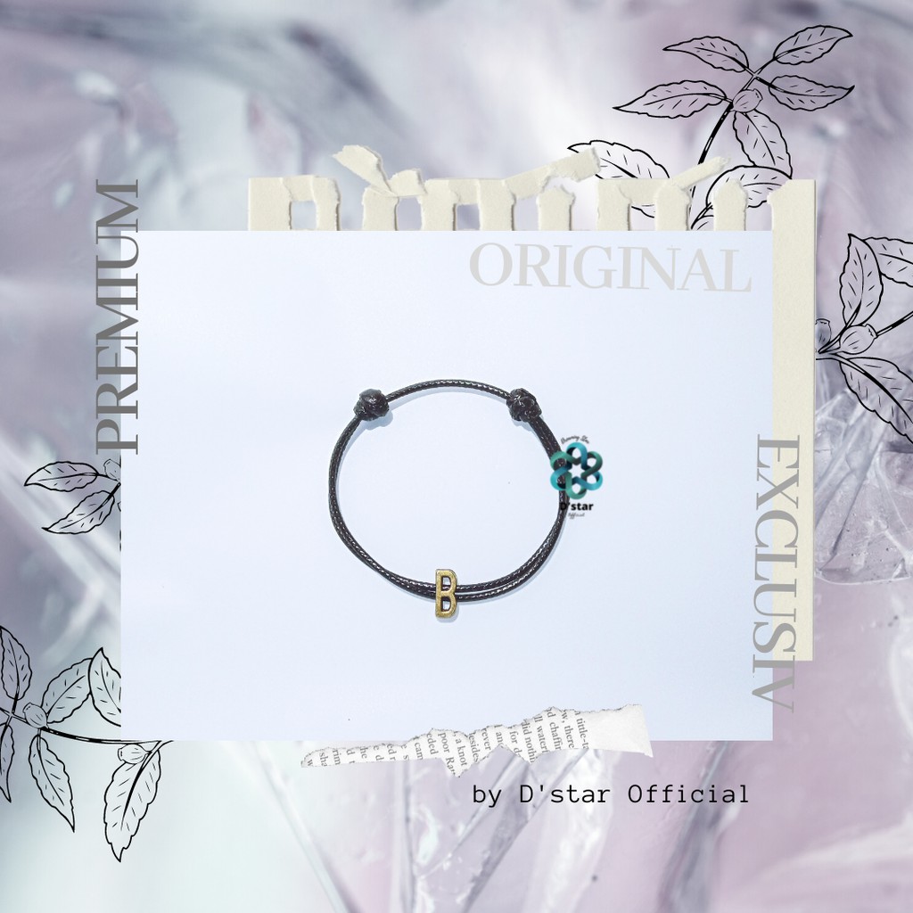DS - gelang inisial nama tali hitam custome reques couple pria wanita persahabatan huruf emas bronze