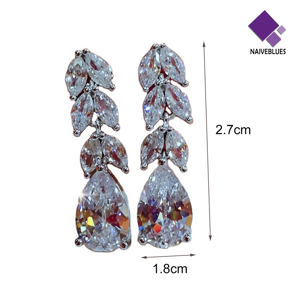 1 Pasang Anting Stud Juntai Bentuk Daun Aksen Berlian Imitasi Kubik Zirkonia