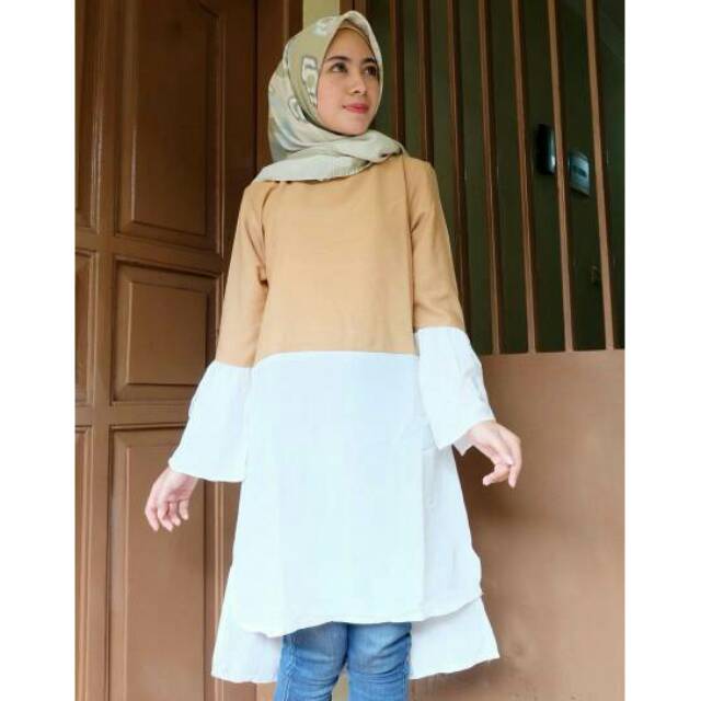 Fashion Muslim Wanita Baju Atasan Tunik Panjang Kombinasi Dua Warna Twiscone Polos Bilqis