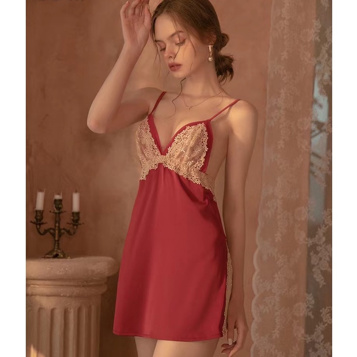 Dress Satin Daster Sexy Night Dress Sleepwear 60291145 Maroon