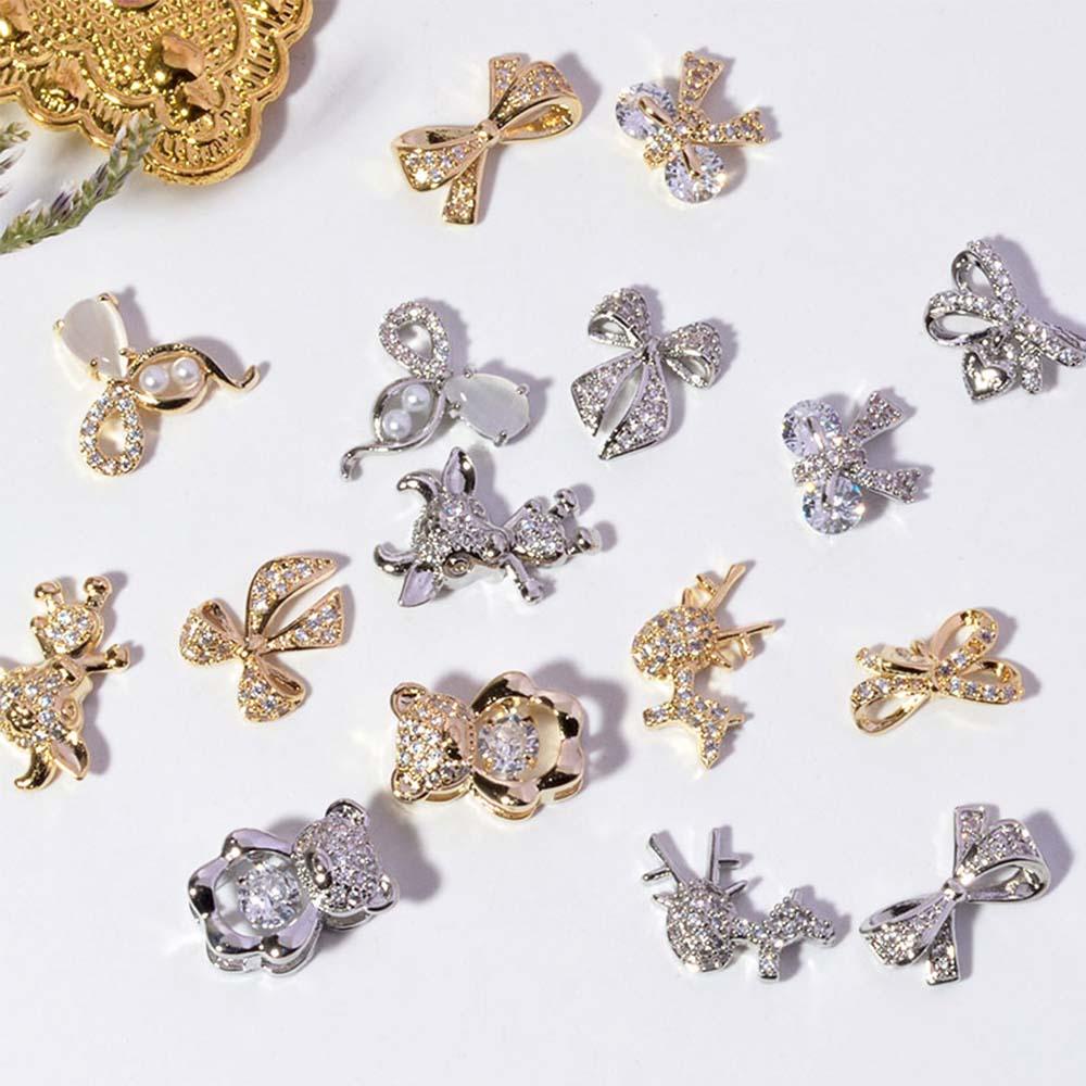 AUGUSTINA Agustina 3D Kuku Zirkon Mode Shiny Charms Bow Knot Beating Heart Bear Deer Nail Art Dekorasi